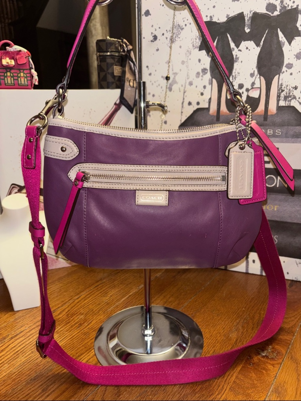 Coach Ashley Leather Convertible Hobo Crossbody F23951 Purple Pink